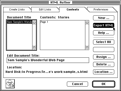 export HTML from HTML Author dialog